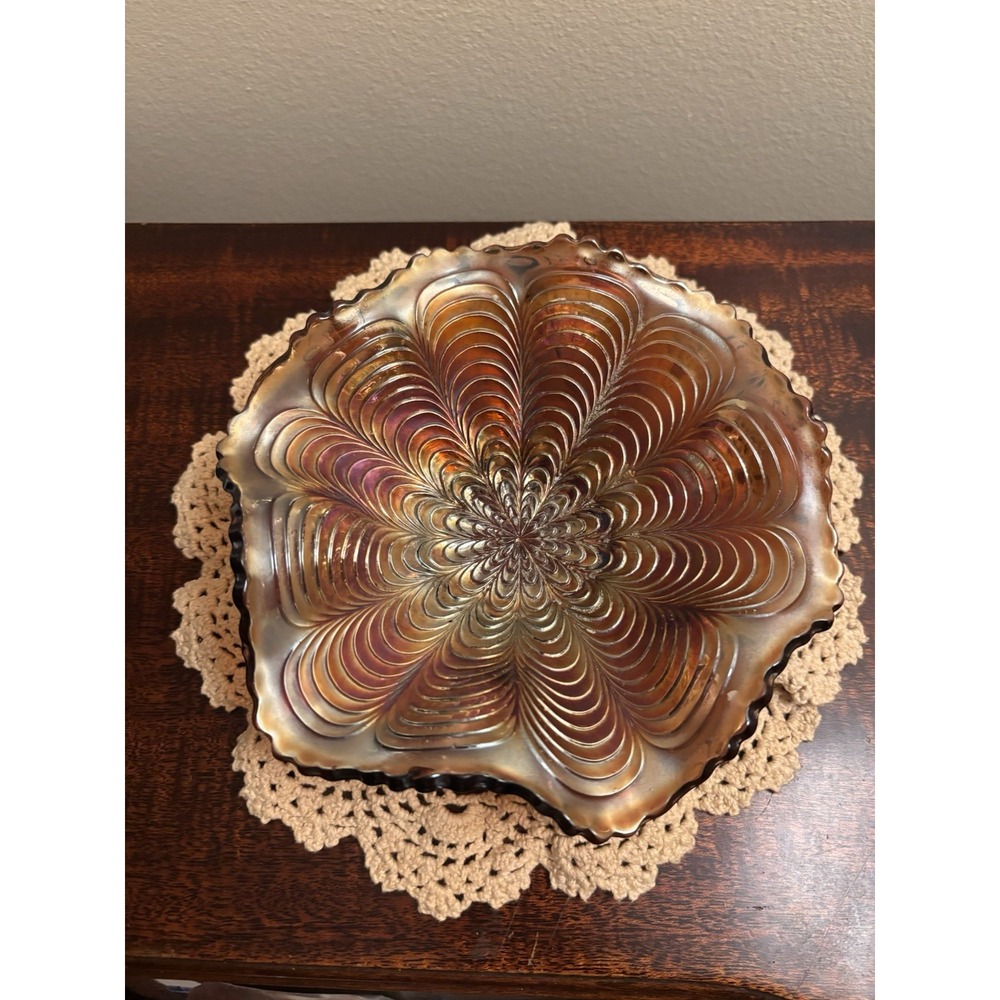 Vintage Fenton Marigold Carnival Glass Ruffled Bowl Peacock Tail Iridescent - Picture 5 of 11